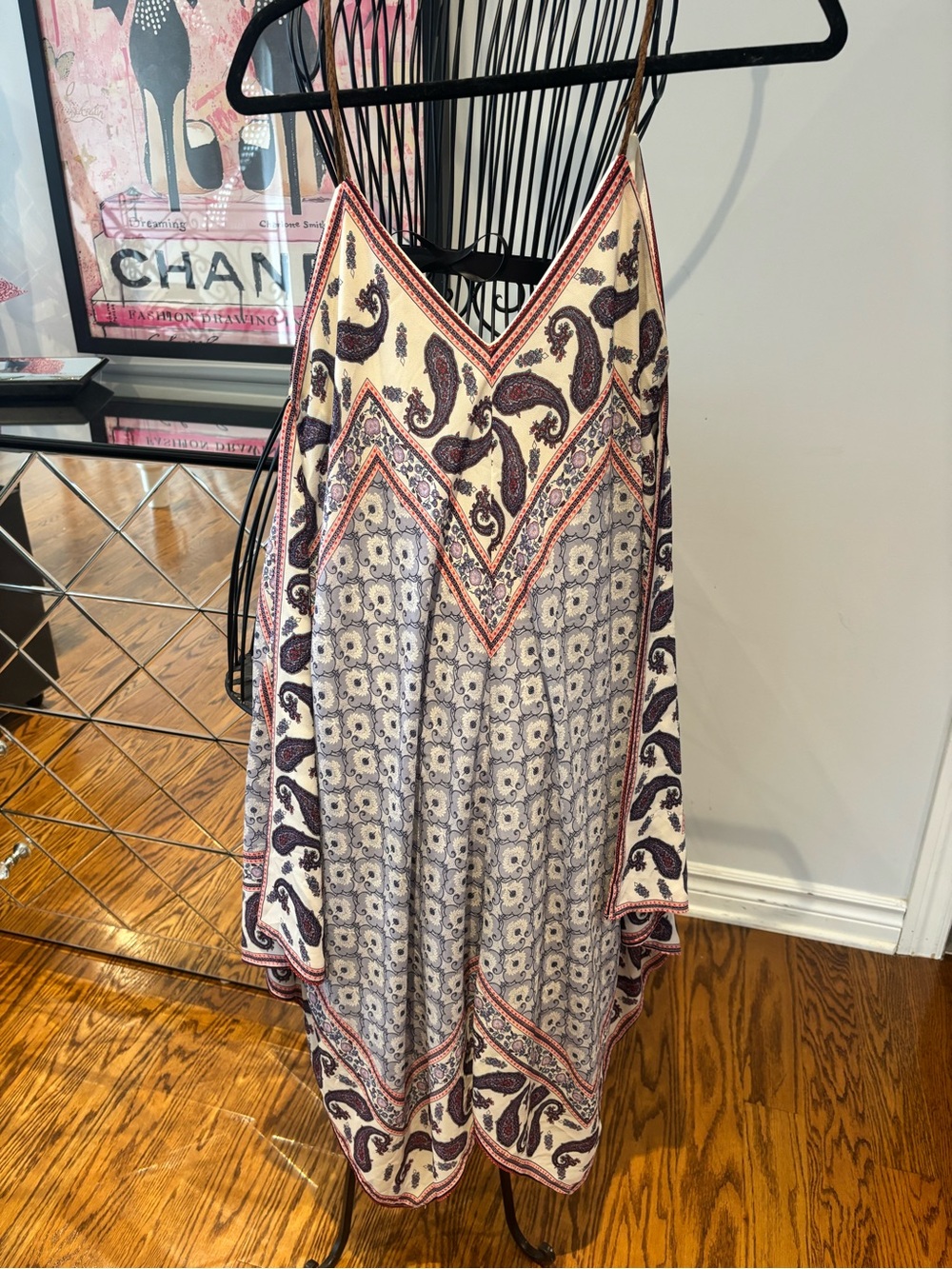 Boho Paisley Print V-Neck Midi Dress in Cream and Purple